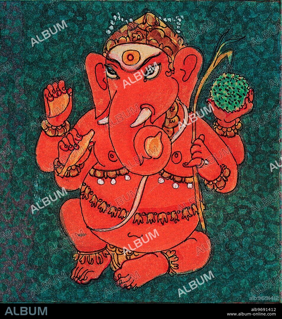 India: Ganeshas - Hindu belief - Hindu - Hinduism - art - Artist S. Rajam - Himalayan Academy art - Ganesh - red Ganesh - sweet - baby Ganesh - durva grass - mango - Ganesha - God - Lord of Obstacles - India - Indian art - Hindu art.