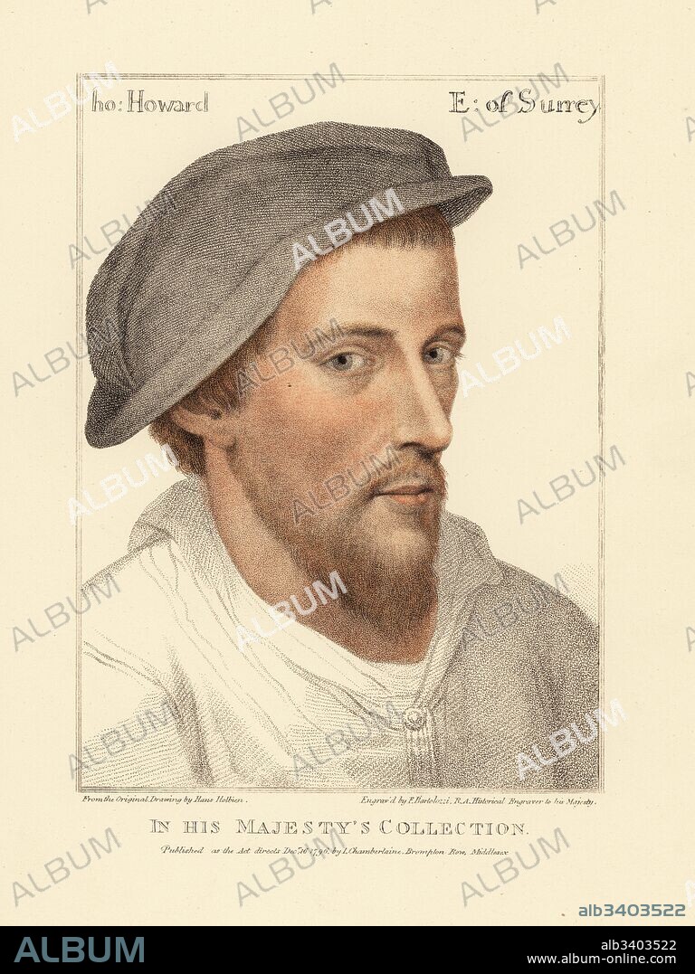 Henry Howard, Earl of Surrey, poet executed for treason 1517-1547. Mislabeled as Tho[mas] Howard. Handcoloured copperplate engraving by Francis Bartolozzi after Hans Holbein from Facsimiles of Original Drawings by Hans Holbein, Hamilton, Adams, London, 1884.