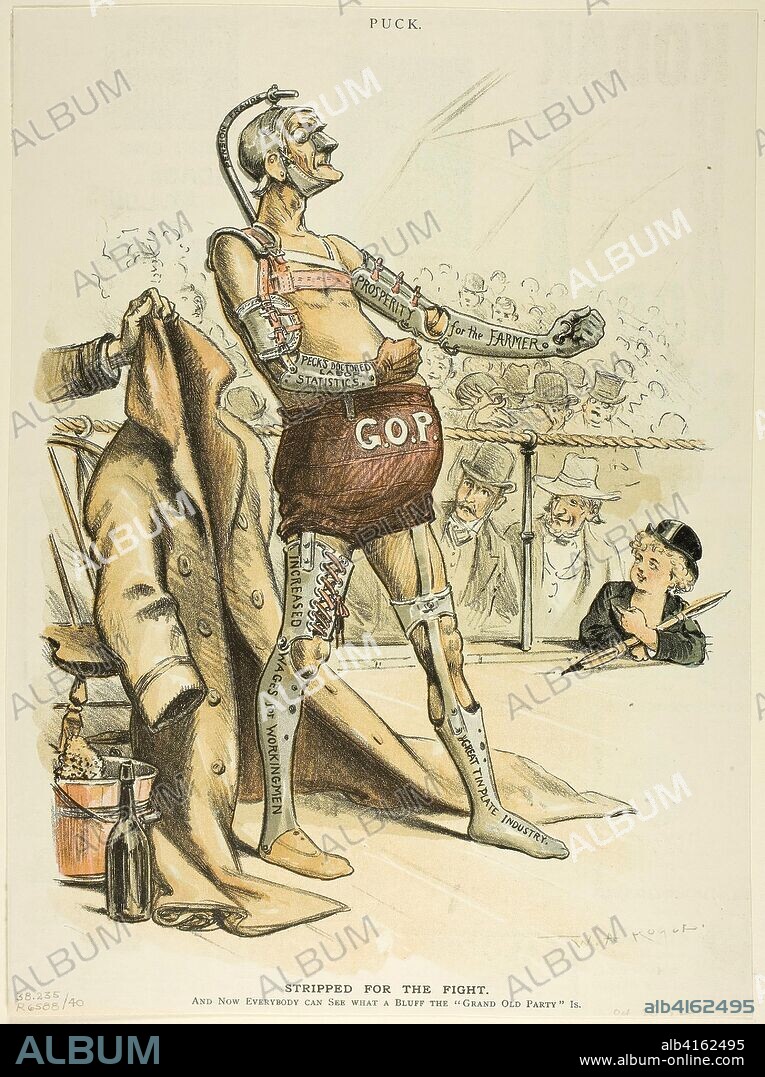 Stripped for the Fight, from Puck. William Allen Rogers; American, 1854-1931. Date: 1892. Dimensions: 311 x 230 mm. Color lithograph on newsprint. Origin: United States.