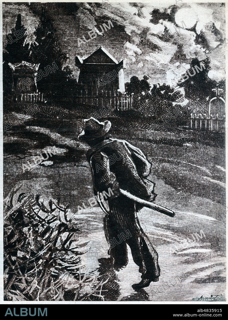 Francois BERTRAND (1823-1878) le profanaterur de sepultures . Illustration anonyme reprise dans Detective du 3septembre 1936. Credit : Collection Kharbine-Tapabor.