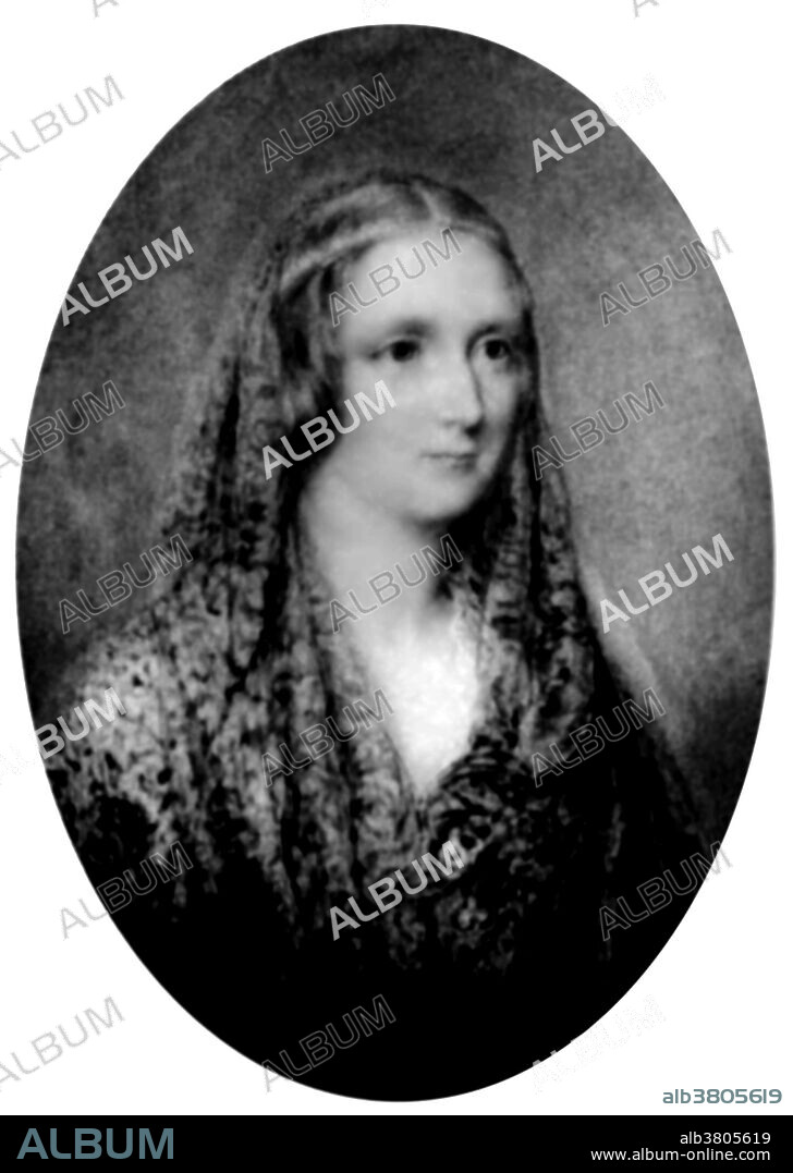 Mary Wollstonecraft Shelley (August 30, 1797 - February 1, 1851) was an English novelist, essayist, dramatist, and travel writer. Her father was the political philosopher William Godwin, and her mother was the philosopher feminist Mary Wollstonecraft. In 1814, she began a romantic relationship with one of her father's political followers, the married Percy Bysshe Shelley. They left for France and travelled through Europe; upon their return to England, Mary was pregnant with Percy's child. Over the next two years, she and Percy faced ostracism, constant debt, and the death of their prematurely born daughter. They married in late 1816 after the suicide of Shelley's first wife, Harriet. In 1816, the couple famously spent a summer with Lord Byron, and John William Polidori, near Geneva, where Mary conceived the idea for her novel Frankenstein. In 1822, her husband drowned when his sailing boat sank during a storm near Viareggio. Mary returned to England and from then on devoted herself to the upbringing of her son and a career as a professional author. The last decade of her life was dogged by illness, probably caused by the brain tumor that was to kill her at the age of 53. No artist credited, undated.