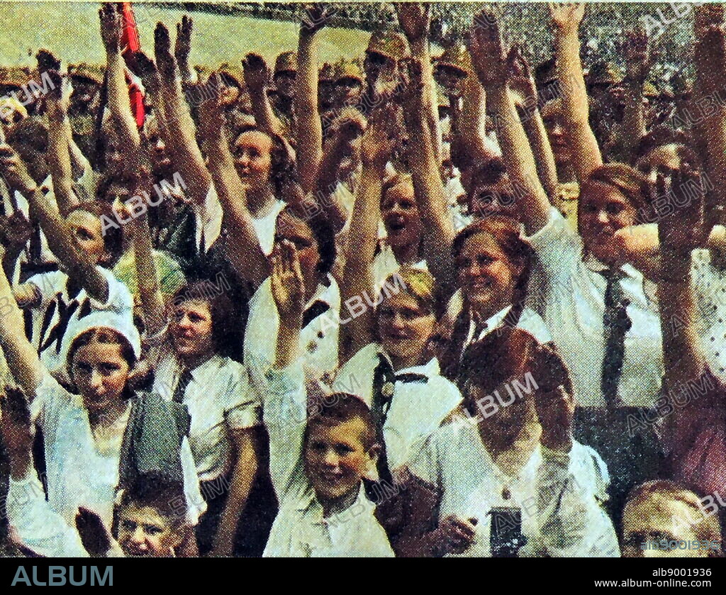 Hitler youth, gathering of young Hitler maidens (Aryan type girls) circa 1933-34.