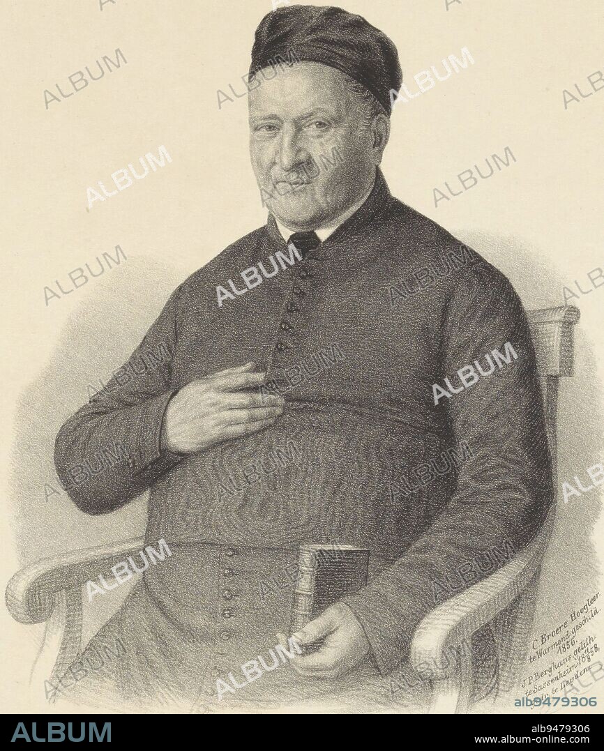 Portrait of pastor Joh. C.F. de Mol, Johann Peter Berghaus, after Cornelis Broere, 1858, The person portrayed is sitting on a chair and wearing clerical clothing. His right hand is on his chest, in his left hand he holds a book. Below the portrait the name and functions of the person portrayed., print maker: Johann Peter Berghaus, (mentioned on object), Cornelis Broere, (mentioned on object), printer: Johann Peter Berghaus, (mentioned on object), print maker: Sassenheim, Warmond, printer: Leiden, 11-Aug-1858, paper, h 363 mm - w 255 mm.