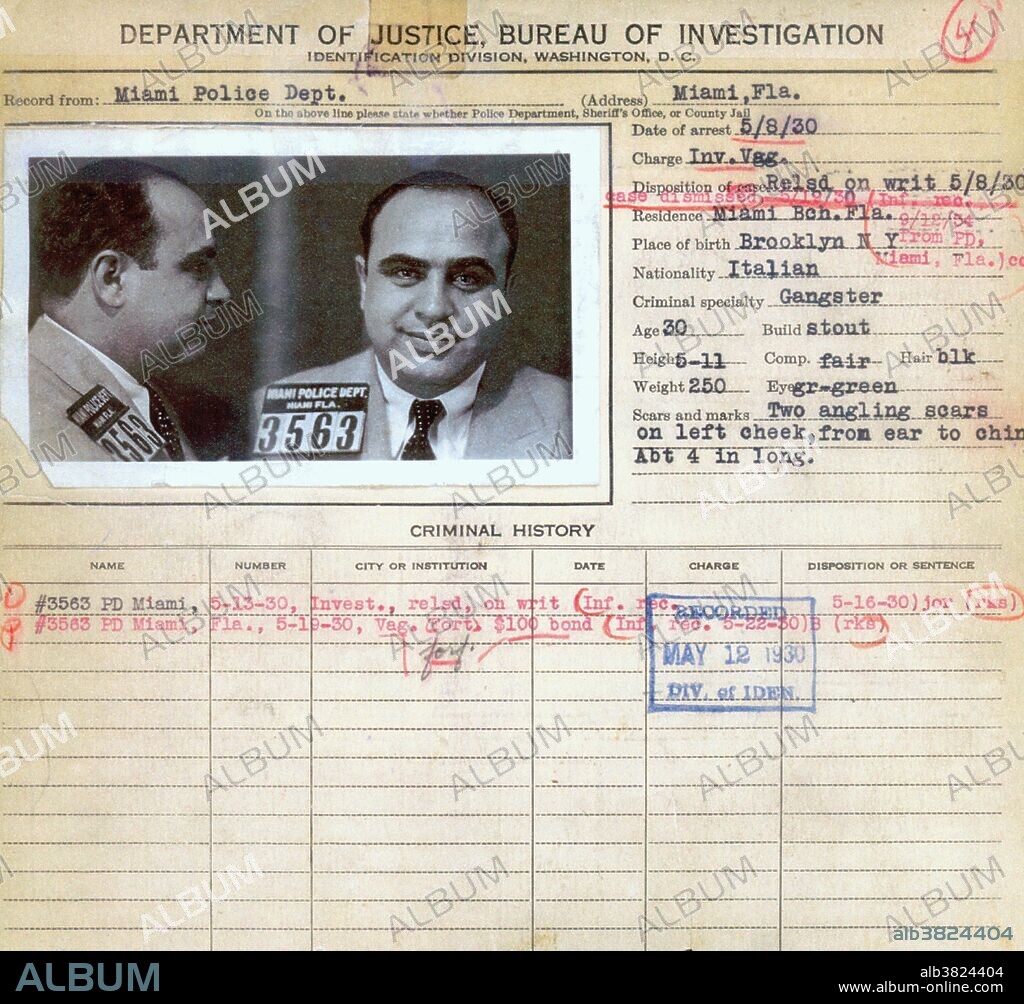 Alphonse Gabriel "Al" Capone (January 17, 1899 - January 25, 1947) was an American gangster. In his early 20s, he moved to Chicago and became bodyguard for Johnny Torrio, head of a criminal syndicate. Torrio retired and gave control to Capone who expanded the bootlegging business through increasingly violent means. Capone made donations to various charities and was viewed by many to be a "modern-day Robin Hood". The Saint Valentine's Day Massacre damaged Chicago's image, as well as Capone's, leading influential citizens to demand governmental action and newspapers to dub him; Public Enemy No. 1. The federal authorities prosecuted him for tax evasion in 1931, a federal crime and a novel strategy during the era. He was convicted and sentenced to 11 years in federal prison. He was already showing signs of syphilitic dementia early in his sentence, and he became increasingly debilitated before being released after eight years. He died in 1947, of cardiac arrest, at the age of 48.