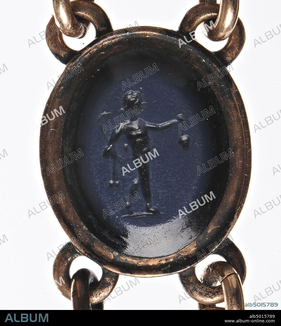 Vz: a little naked satyr dances on his toes with a pedum and nebris in his right hand and a bunch of grapes in his outstretched left hand, he is shown in three-quarters front view., Gem, intaglio, ringstone, agate, nicolo, Colour black.