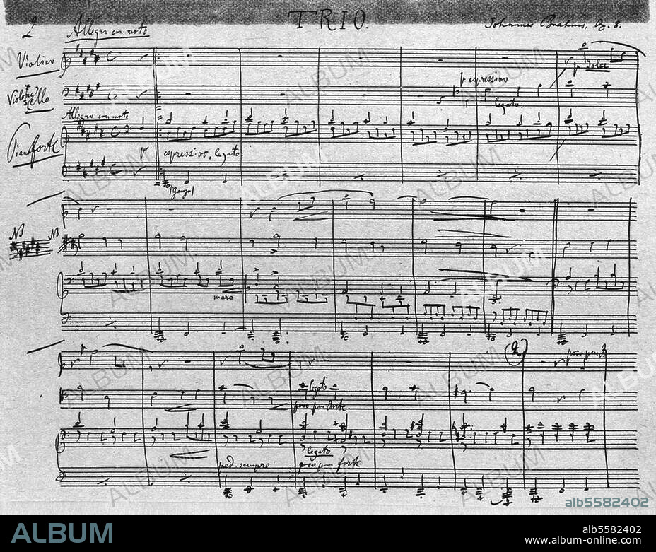 Brahms, Johannes; composer. 1833-1897. Works: Trio No. 1 op. 8 in B major for piano, violin and violoncello. (1853-54, revised in 1889). First page of the original manuscript in his own hand.