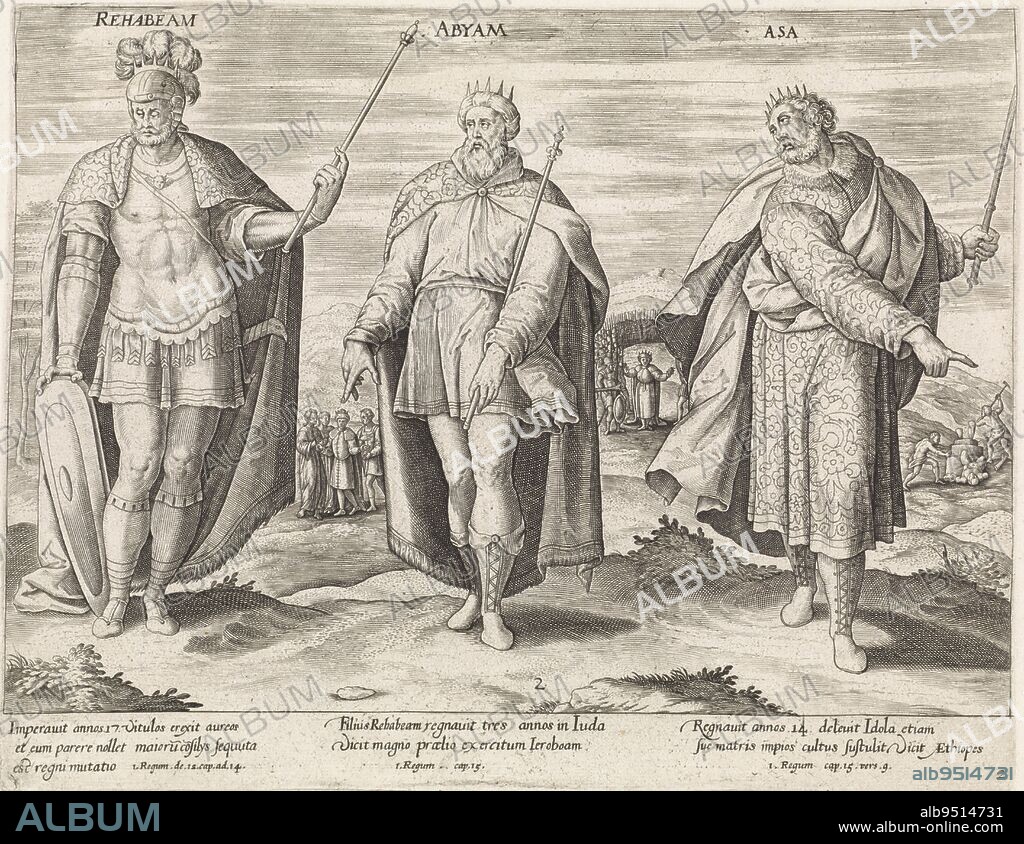 The kings Rechabeam, with shield and scepter, Abiam, with scepter in hand, and Asa, also with scepter. In the background important events in their lives. In the left background Rechabeam is consulting the young men. In the middle of the background Abiam with his army. On the right in the background, an idol is cut down by order of Asa. Below the scene are references to the Bible texts in 1 Kings 12-15 in Latin. Rechabeam, Abiam and Asa Kings of Judah Theatrum biblicum , Jan Snellinck (I), (attributed to), print maker: anonymous, publisher: Claes Jansz. Visscher (II), Amsterdam, 1585 and/or 1643, paper, engraving, h 224 mm × w 287 mm.
