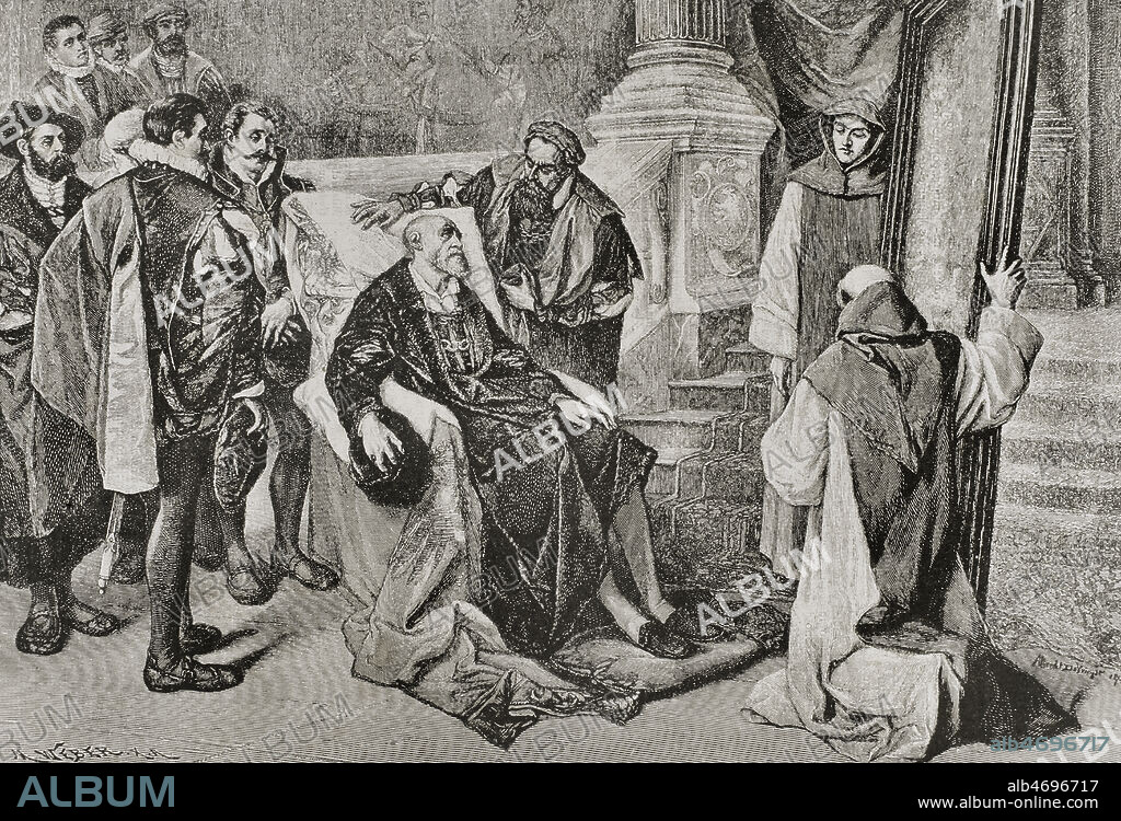 Carlos V (1500-1558). Emperador del Sacro Imperio Romano Germánico y Archiduque de Austria (1519-1556, Carlos I rey de España (1516-1556), y Señor de los Países Bajos como duque titular de Borgoña (1506-1555). Carlos V en el monasterio de Yuste. Grabado por Weber a partir de un cuadro de Juliaan de Vriendt (1842-1935). La ilustración. Revista hispano-americana, 1884.