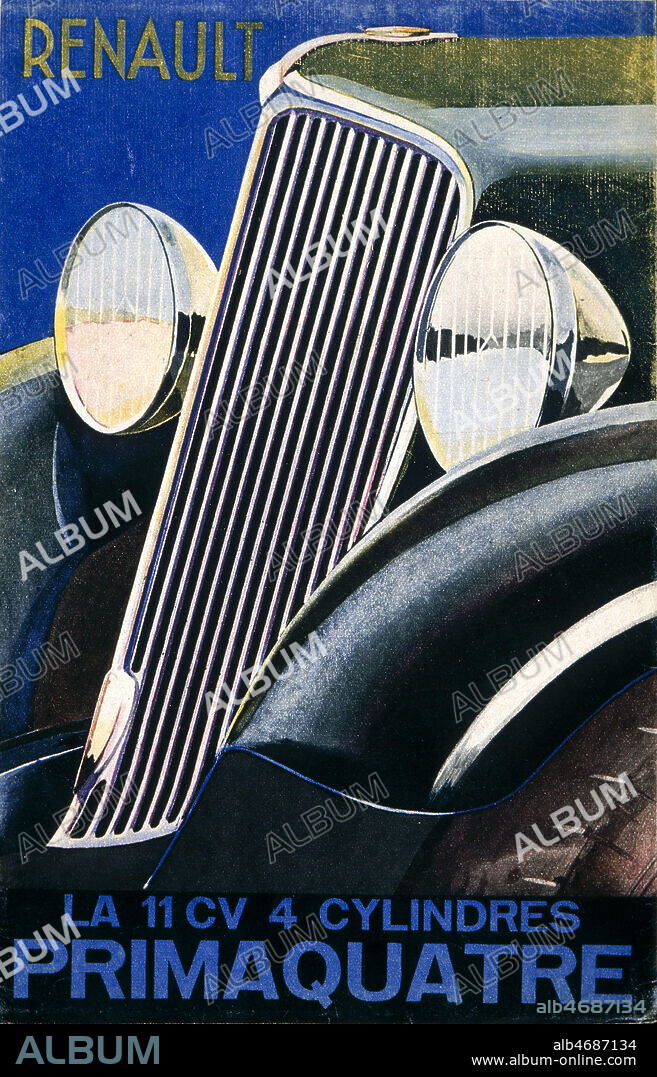 'La 11 CV 4 cylindres Primaquatre'. Publicite de 1939 pour RENAULT. Credit : Collection KHARBINE-TAPABOR.