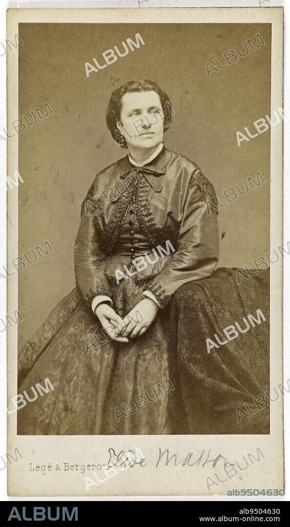 Portrait of Elise Masson, singer at the Opera in 1852., Carjat & Cie, Photographer, Legé & Bergeron, Photographer, 2nd half of the 19th century, Photography, Graphic arts, Photography, Albumen paper print, Dimensions - Work: Height: 9 cm, Width: 5.5 cm, Dimensions: Height: 10.7 cm, Width: 6 cm.