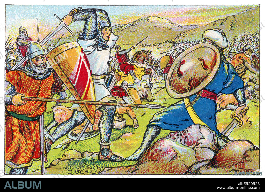 ALBERT MESTRE MORAGAS. Historia de Catalunya. Batalla contra los turcos cerca de las puertas Cilicias con la victoria de Roger de Flor (1267-1305) y los almogávares. Cromo de Xacolata Juncosa. Año 1932.