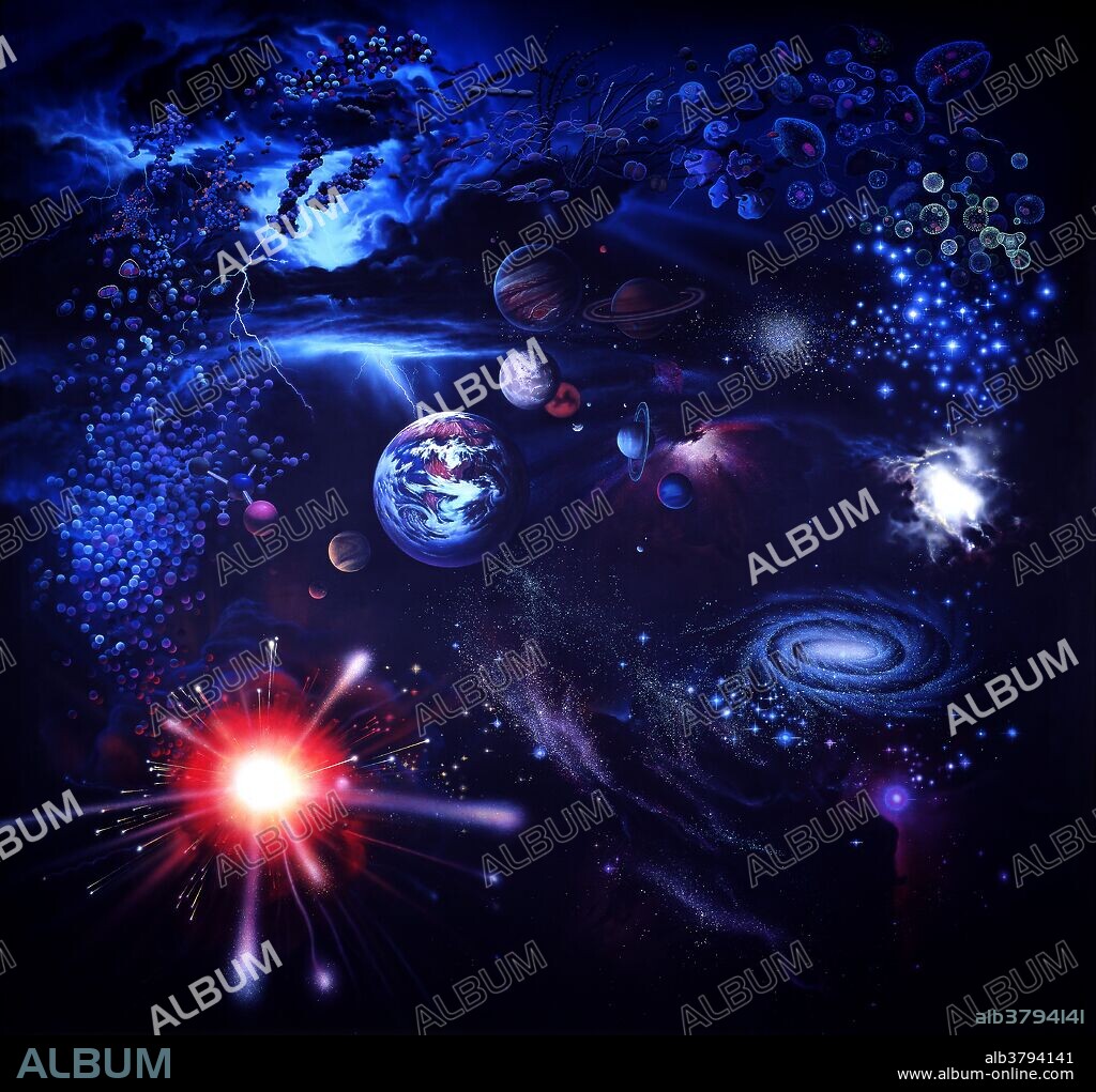 This mural depicts the origin of the universe, the solar system and life on Earth. Scientists believe our universe was formed 10-20 billion years ago when a dense concentration of matter and energy exploded in the "big bang." Condensation of the resulting cloud of expanding gas formed galaxies of stars like our own Milky Way. As the gases and dust cooled and consolidated, about 4.6 billion years ago, our planets were formed. Fossils show that the first life on Earth developed about 3.5 billion years ago.