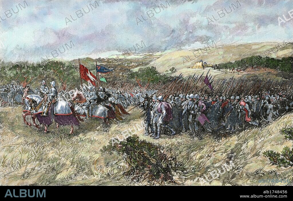 SIR JOHN GILBERT (after). The Crusades. 12th century. Crusaders army. Colored engraving based on a painting by Sir John Gilbert.