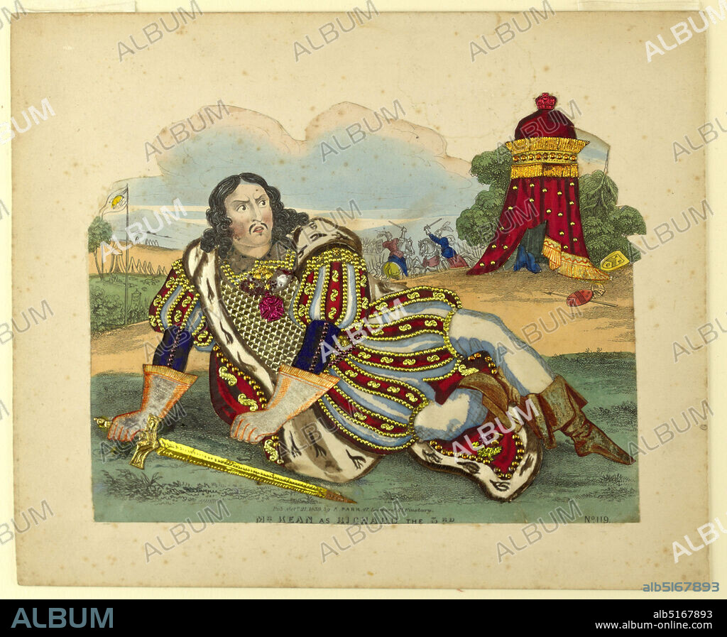 Edmund Kean as Richard III, A. Park, London, England, Hand-colored engraving, embossed foil, fabric on paper, Horizontal format. Figure of actor Edmund Kean playing the character of Shakespeare's King Richard III. Dressed in elaborately decorated costume and holding a sword, he reclines on a grassy lawn in the foreground with a concerned expression. In the background, an elaborate domed tent, flags, and soldiers., England, 1839, figures, Print, Print.
