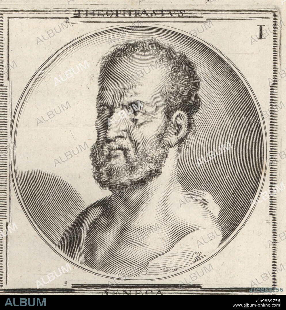 Theophrastus, Greek philosopher and the successor to Aristotle in the Peripatetic school, c.371-287 BC. Theophrastus. Copperplate engraving by Bartholomaus Kilian after an illustration by Joachim von Sandrart from his LAcademia Todesca, della Architectura, Scultura & Pittura, oder Teutsche Academie, der Edlen Bau- Bild- und Mahlerey-Kunste, German Academy of Architecture, Sculpture and Painting, Jacob von Sandrart, Nuremberg, 1675.