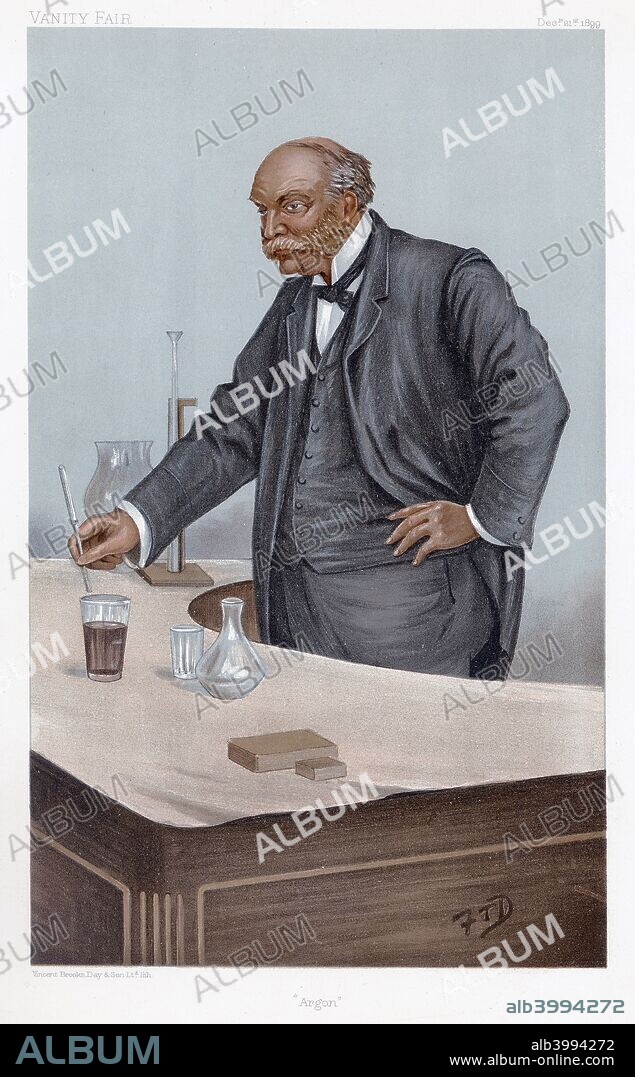 John William Strutt, 3rd Baron Rayleigh, British scientist, 1899. Lord Rayleigh (1842-1919) isolated the element Argon, one of the noble (inert) gases, for which he won the Nobel Prize for Physics in 1904. Cartoon from Vanity Fair, London, December 1899, showing him lecturing.