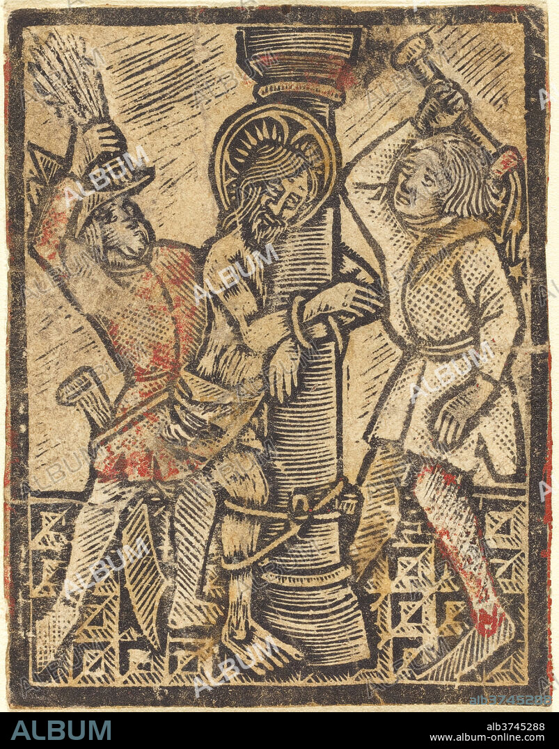 GERMAN 15TH CENTURY. The Flagellation. Dated: 1470/1480. Medium: metalcut, hand-colored in red and yellow.