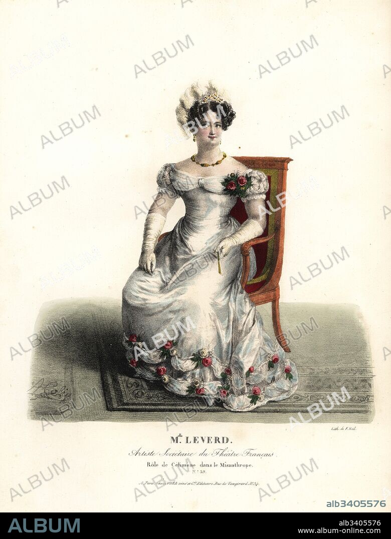 Dancer and actress Mlle. Emilie Leverd as Celimene in Le Misanthrope by Moliere, Theatre Francais, 1808. Handcoloured lithograph by F. Noel after an illustration by Alexandre-Marie Colin from Portraits d'Acteurs et d'Actrices dans different roles, F. Noel, Paris, 1825.