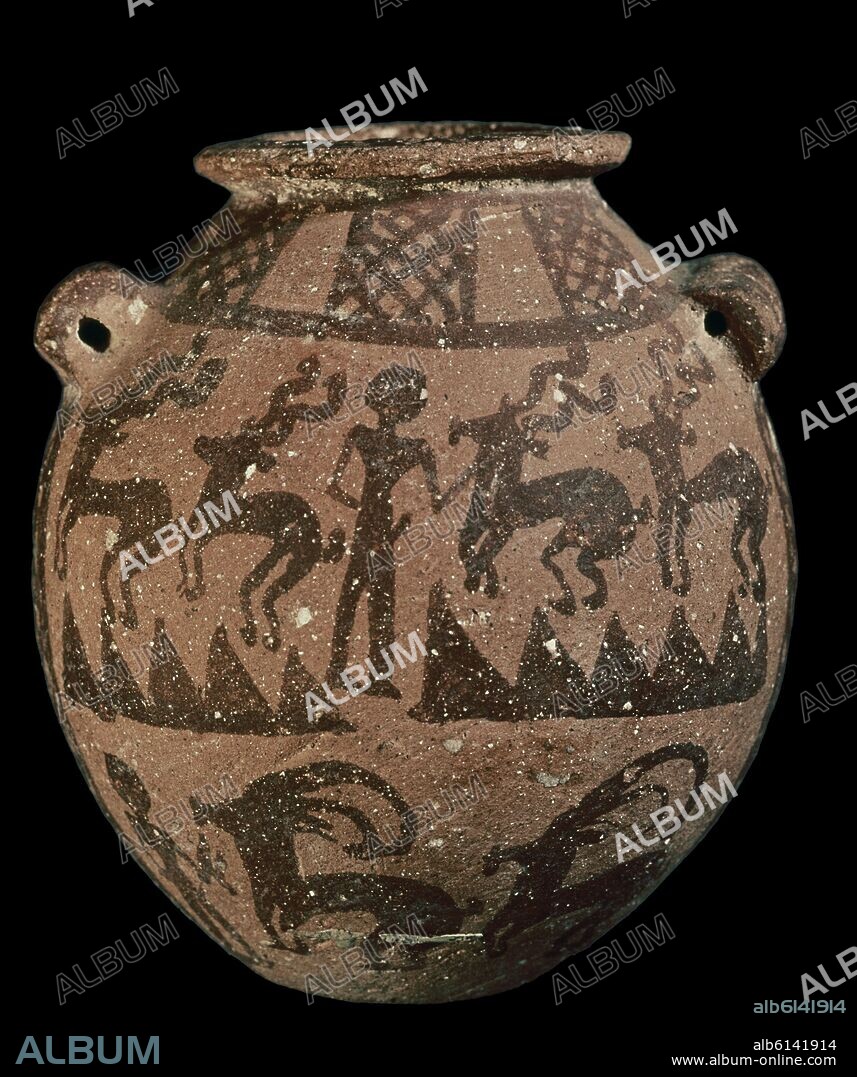 VASO DE CERAMICA - NAGADA II - ESCENA DE CAZA - ARTE EGIPCIO - EPOCA TINITA - 3500 AC - 8,5x7,6 cm.