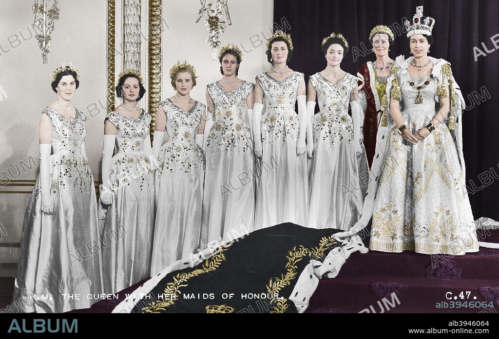 HM Queen Elizabeth II with her maids of honour, Green Drawing Room, Buckingham palace, 2nd June 1953. In selecting six Maids of Honour instead of pages to bear her velvet train throughout the Coronation ceremony, the Queen followed the precedent of Queen Victoria. Lady Moyra Hamilton (now Lady Moyra Campbell), Lady Anne Coke (now The Rt Hon The Lady Glenconner), Lady Rosemary Spencer-Churchill (now Lady Rosemary Muir), Lady Mary Baillie-Hamilton (now Lady Mary Russell), Lady Jane Heathcote-Drummond-Willoughby (now The Rt Hon The Baroness Willoughby de Eresby), Lady Jane Vane-Tempest-Stewart (now The Rt Hon The Lady Rayne). (Colorised black and white print).