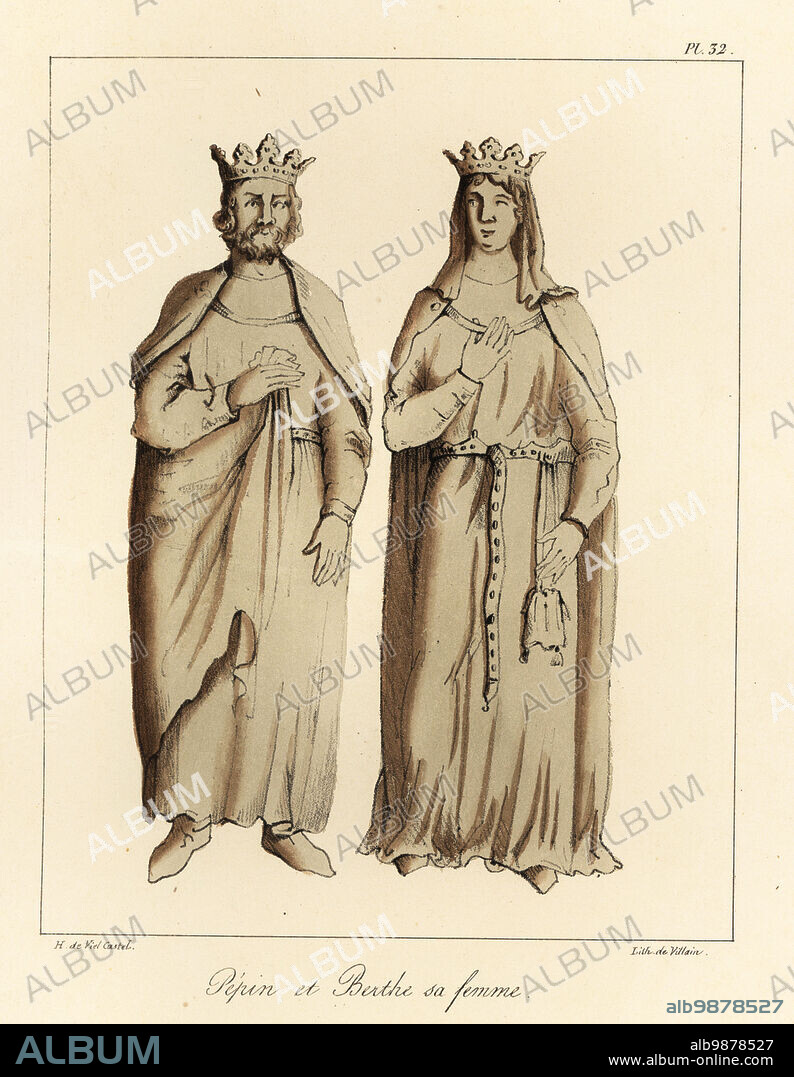 Pepin the Short (714-768), King of the Franks, first Carolingian king, and his wife Bertrada of Laon (c.710-783). From tomb effigies in the Basilica of Saint-Denis, Paris. Pepin et Berthe sa femme, Tinted lithograph by Villain after an illustration by Horace de Viel-Castel from his Collection des costumes, armes et meubles pour servir à l'histoire de la France (Collection of costumes, weapons and furniture to be used in the history of France), Treuttel & Wurtz, Bossange, 1827.