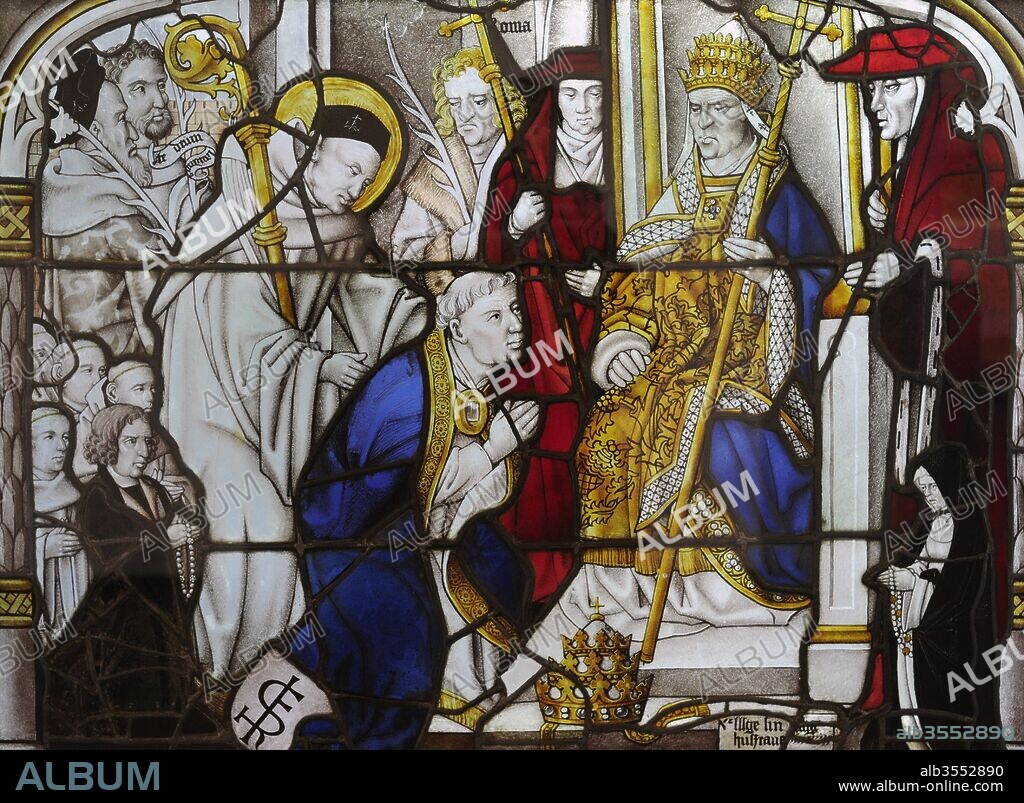 "San Bernado en el Concilio de Letrán en Roma". Vidriera del Claustro del Monasterio Cisterciense, Altenberg. Probablemente del Maestro de San Severino, Colonia, 1505-1520. Museo Schnutgen. Colonia, Alemania.