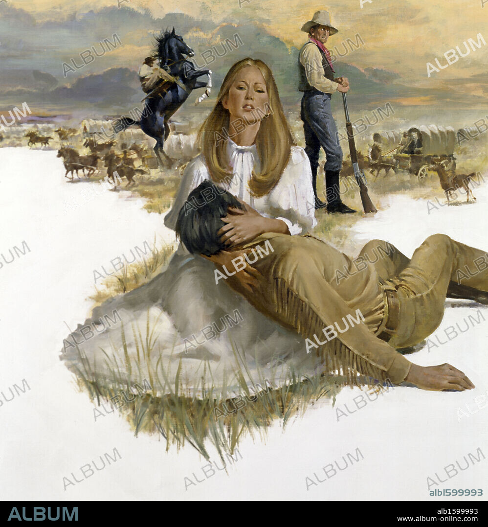 Wild west scene with young woman crying over dead cowboy.