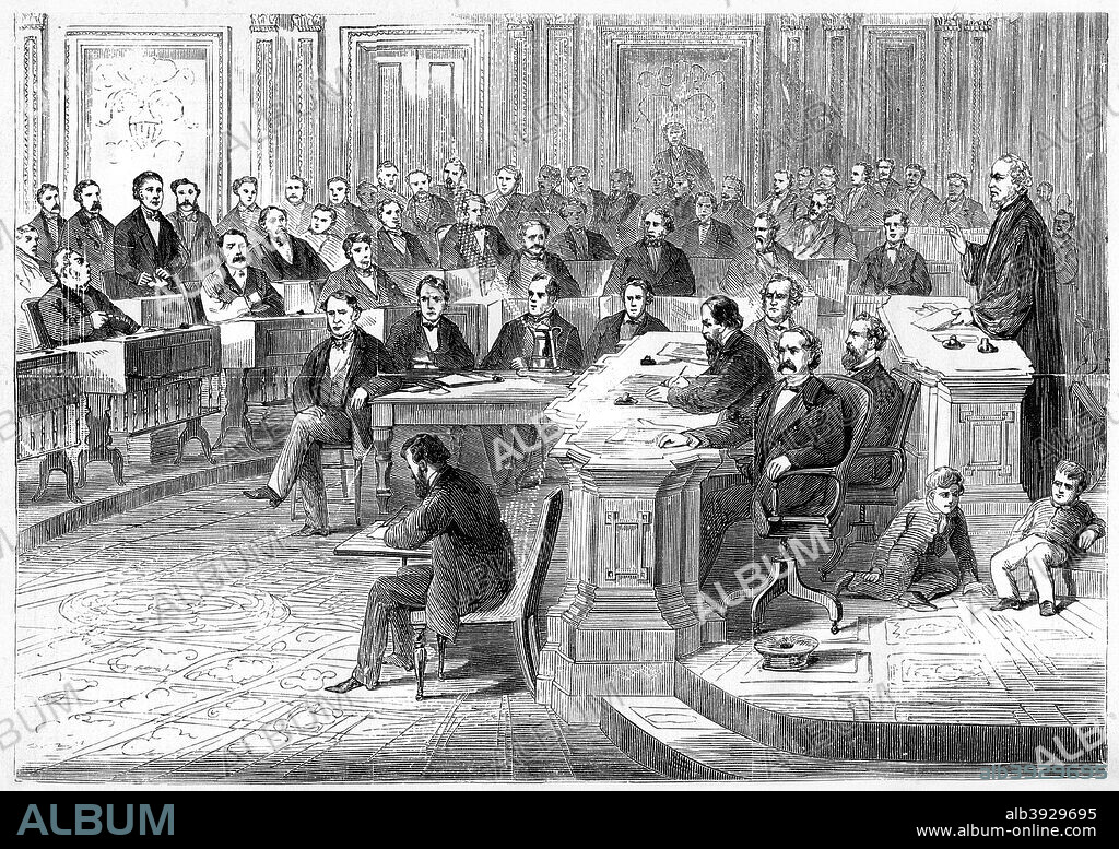 The impeachment of Andrew Johnson, 5 March 1868, (1872). Johnson (1808-1875), seventeenth President of the United States, succeeded to the presidency upon the assassination of Abraham Lincoln. His term lasted from 1865 to 1869. He was impeached in 1868 but was acquitted. Engraving from A Child's History of the United States by John Gilmary Shea, published by Hess and McDavitt, (New York, 1872).