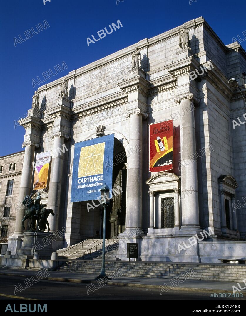 Entrance to the American Museum of Natural History, located at 79th Street and Central Park West in New York City. The statue at ground level depicts former president Teddy Roosevelt, once a patron of the museum.