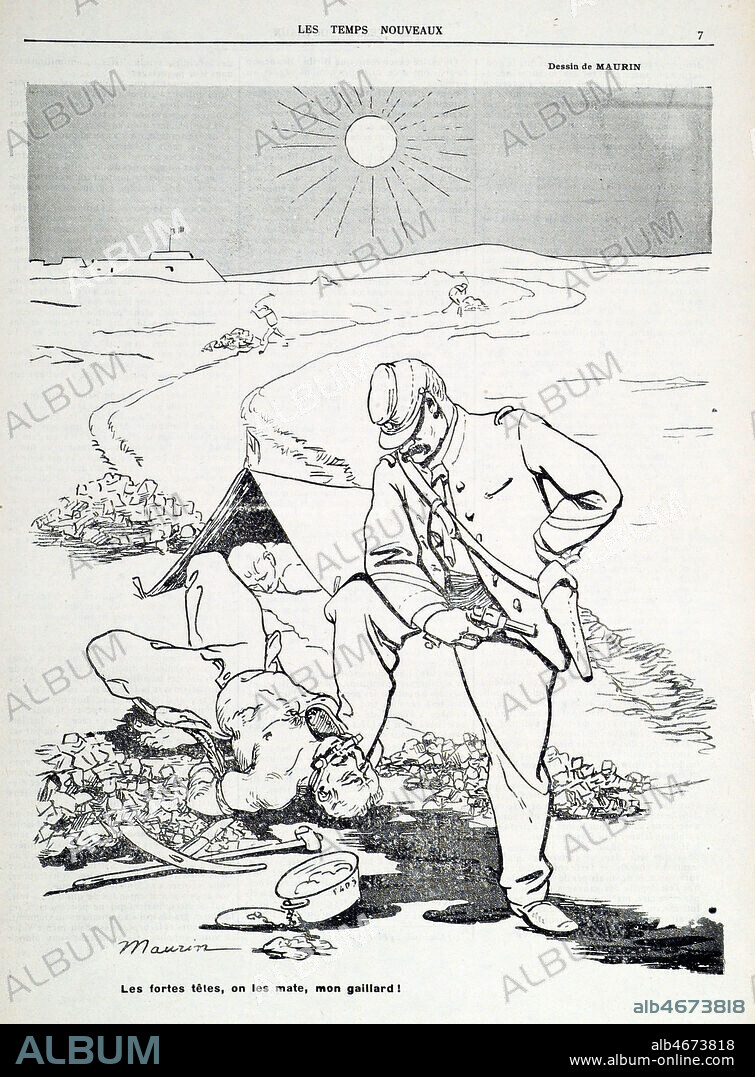 A Biribi. Les fortes tetes, on les mate mon gaillard. Chaouch devant prisonnier a la crapaudine. Illustration de Charles MAURIN (1856-1914) pour Les Temps nouveaux de 1910. Credit : Coll. Dixmier/KHARBINE-TAPABOR.
