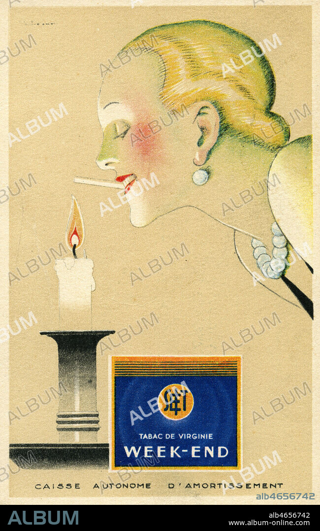 'Tabac de Virginie Week-End' : femme allumant une cigarette avec la flamme d'une bougie. Carte postale publicitaire vers 1920 'Caisse autonome d'Amortissement' (rattachee a la Regie Francaise des Tabacs) . Illustration par Rene VINCENT (1879-1936). Credit : Collection IM/KHARBINE-TAPABOR.