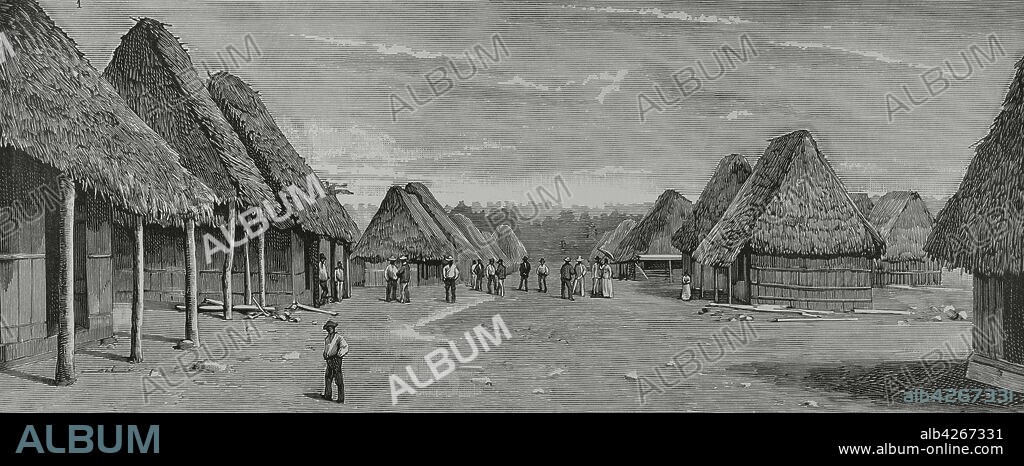 Primer intento de construir un canal en Panamá por una empresa francesa. 1881. Trabajos para la apertura del Canal interoceánico de Panamá. Calle principal de la estación obrera de Gorgona, entre Name y Matachín. Grabado. La Ilustración Española y Americana,15 de noviembre de 1881.