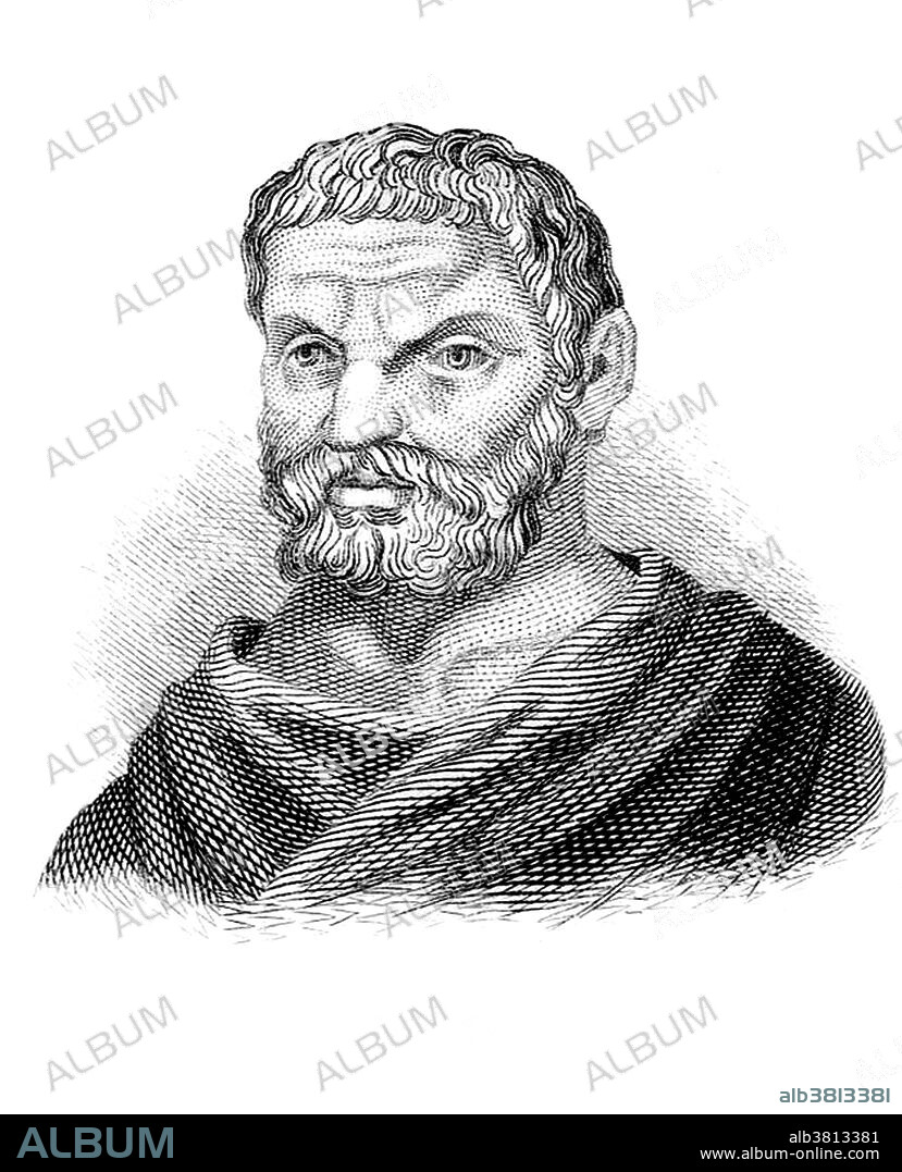 Thales of Miletus (624-546 BC) was a pre-Socratic Greek philosopher, mathematician, astronomer, the first identifiable scientist and one of the Seven Sages of Greece. Thales attempted to explain natural phenomena without reference to mythology and was tremendously influential in this respect. Thales' rejection of mythological explanations became an essential idea for the scientific revolution. In mathematics, Thales used geometry to solve problems such as calculating the height of pyramids and the distance of ships from the shore. He is credited with the first use of deductive reasoning applied to geometry, by deriving four corollaries to Thales' Theorem. As a result, he has been hailed as the first true mathematician and is the first known individual to whom a mathematical discovery has been attributed. He is reported to have predicted a solar eclipse in 585 BC, and tried to explain earthquakes. Engraving by J.W. Cook, 1825.