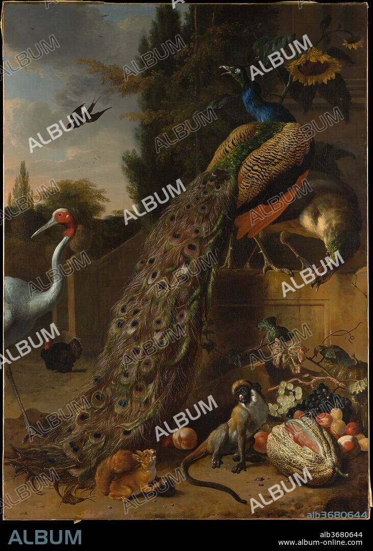 Peacocks. Artist: Melchior d' Hondecoeter (Dutch, Utrecht 1636-1695 Amsterdam). Dimensions: 74 7/8 x 53 in. (190.2 x 134.6 cm). Date: 1683.
Hondecoeter represents the fourth generation of a family of painters originally from Flanders. He grew up in Utrecht but from 1663 onward worked in Amsterdam. His large pictures of exotic birds in parklike landscapes decorated elegant town houses, the residents of which also enjoyed or imagined retreats to country estates.