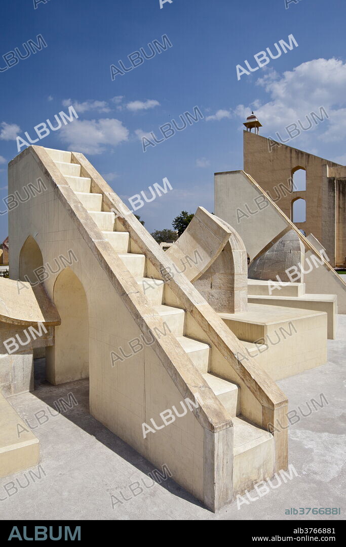 Scorpio Stairway and behind the Brihat Samrat Yantra Pisces astrological sign at The Observatory in Jaipur, Rajasthan, India.