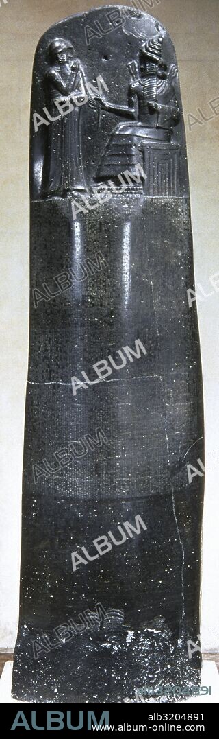Mesopotamia. Code of Hammurabi. Babylonian law code. 1754 BC. Akkadian language. Cuneiform script. Louvre Museum. Paris. France.