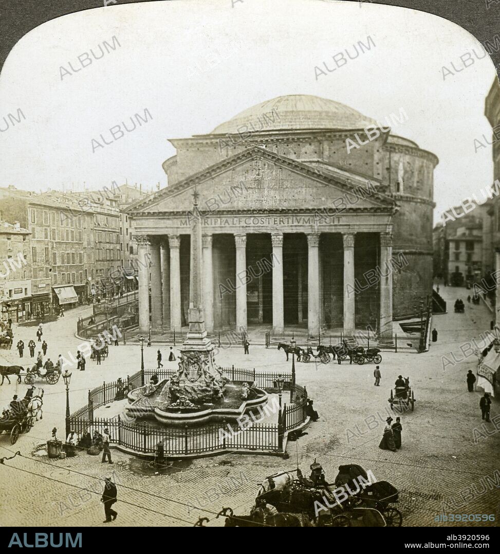 The Pantheon and the Piazza della Rotunda, Rome, Italy. Built in the 2nd century during the reign of the Emperor Hadrian as a temple to all Rome's gods, the Pantheon was consecrated as a Christian church in the 7th century. The best preserved example of monumental Roman architecture, it was highly influential on the architects of major public buildings in Europe and America from the Renaissance to the 19th century. The obelisk in the centre of the piazza dates from the reign of Rameses II and comes from the Temple of Ra at Heliopolis. Stereoscopic card detail.