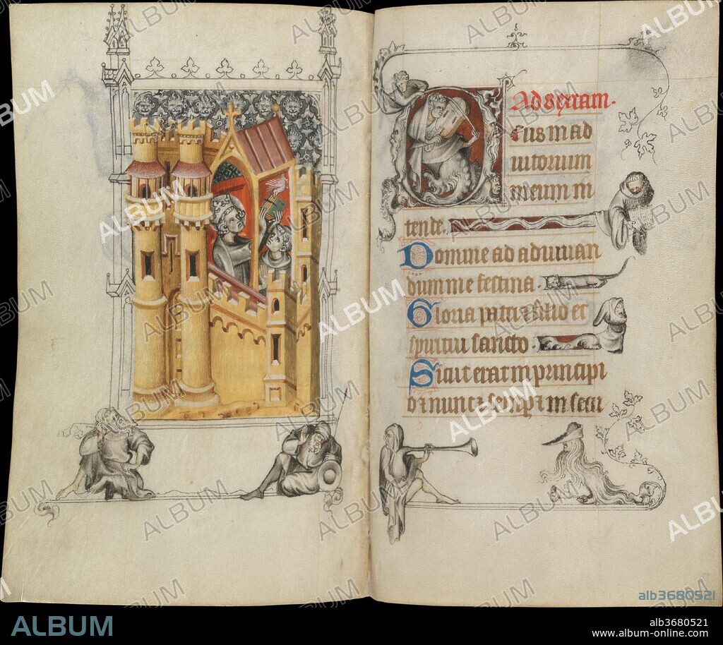 The Hours of Jeanne d'Evreux, Queen of France. Artist: Jean Pucelle (French, active Paris, 1319-34). Culture: French. Dimensions: single folio: 3 5/8 x 2 7/16 in. (9.2 x 6.2 cm)
Overall (with binding): 3 7/8 x 2 13/16 x 1 1/2 in. (9.9 x 7.2 x 3.8 cm). Date: ca. 1324-28.
At first glance, this tiny prayer book, with not a trace of gold, might seem an unlikely possession for a queen of France. But it is a work of exceptional artistry: the figures are rendered in delicate grisaille (shades of gray), giving them an amazingly sculptural quality, and are accented with rich color and touches of lilac and turquoise. The 209 folios include twenty-five full-page paintings with paired images from the Infancy and Passion of Christ and scenes of the life of Saint Louis, the queen's ancestor. In the margins, close to 700 illustrations depict the bishops, beggars, street dancers, maidens, and musicians that peopled the streets of medieval Paris, as well as apes, rabbits, dogs, and creatures of sheer fantasy. The testament of Jeanne d'Evreux identifies this prayer book, left to King Charles V, as the one "that Pucelle illuminated." At Charles's death, the book entered the collection of another famous bibliophile, his brother Jean, duc de Berry, patron of The Cloisters' Belles Heures.