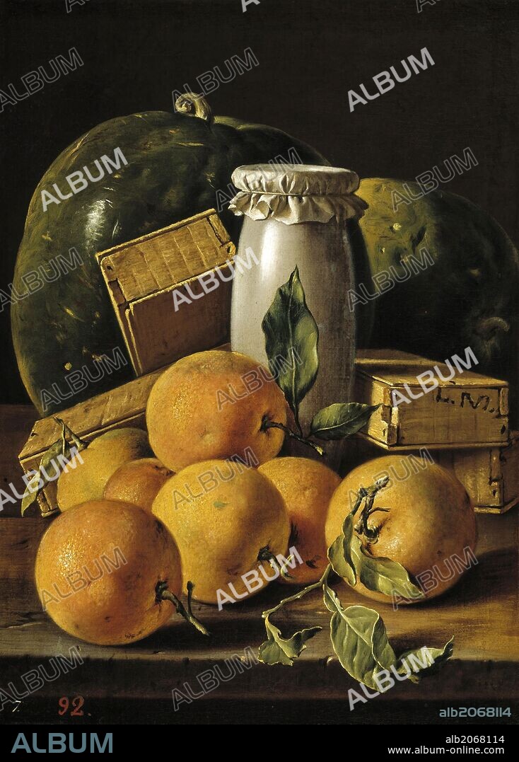 LUIS MELÉNDEZ. Luis Egidio Meléndez / 'Bodegón con naranjas, melero, cajas de dulces y sandías', Hacia 1760, Escuela Española, Óleo sobre Lienzo, 48,3 cm x 34,5 cm, P00910.