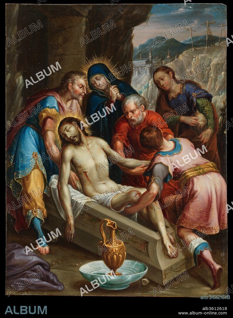 JUAN RODRÍGUEZ JUÁREZ. The Entombment of Christ. Artist: Juan Rodríguez Juárez (Mexican, 1675-1728). Dimensions: 10 3/16 × 7 3/4 in. (25.9 × 19.7 cm)
Framed: 17 3/4 × 15 3/4 × 1 1/2 in. (45.1 × 40 × 3.8 cm). Date: ca. 1702.
Juan Rodríguez Juárez was a third generation painter who belonged to a celebrated artistic dynasty whose members included Luis Juárez (c. 1585-1639), José Juárez (1617-1661), Antonio Rodríguez (1636-1691), and Nicolás Rodríguez Juárez (1667-1734).  He was a versatile artist who excelled as a painter of altarpieces and ecclesiastical decorations, as well as portraits, castas, and small devotional paintings such as The Entombment of Christ.  This beautifully preserved work exemplifies his status as a key transitional figure in New Spanish painting.  His stylistic trajectory, which is firmly rooted in the late 17th century, also reflects the innovations that marked painting in Mexico during the first quarter of the 18th century. As the co-founder of an informal academy, he is also a key figure in the struggle of Mexico's painters to reform their practice and elevate their social and professional standing.  The Entombment of Christ belongs to the earliest phase of the artist's career and displays the brilliant color and vigorous modeling found in his 1702 altarpiece of St. Francis Xavier in Puebla Cathedral. Later works are characterized by greater softness and luminosity, traits that can be attributed to the taste for French art that coincided with the advent of the Spanish Bourbon monarchy at the turn of the century. 
In Rodríguez Juárez's painting, Christ's body is gently lowered into a stone sepulchre by Joseph of Arimathea and Nicodemus. The scene is attended by the grieving figures of the Virgin and Mary Magdalene, who gaze on Christ's lifeless body. The drama takes place at the rocky entrance to a mountainside crypt, with Golgotha visible in the distance. Christ's purple garments lie discarded in the foreground alongside a pitcher and basin used to wash his body for burial. At the foot of the tomb, the artist's signature is prominently displayed.
The composition of this painting derives from a print by the Flemish engraver, Johannes Sadeler,  after a drawing by Dirck Barendsz (Rijksmuseum, Amsterdam).  The same print was used as a model by the manuscript illuminator, Luis Lagarto, in 1612 (Andrés Blaisten Collection). Lagarto follows the print in every detail, except, crucially, the position of Christ's head.  In Sadeler's print, his head is thrown back and his face is completely obscured, whereas in the illumination, his head is turned to face the viewer. Rodríguez Juárez repeats this detail and further revises the composition by reducing the number of figures attending Christ's entombment.  These changes heighten the impact made by the presentation of Christ's semi-nude body, which is displayed as the focus of prayer and meditation.  Not only does the painter follow Lagarto's revision of Sadeler's print, he is also clearly inspired by the illuminator's exquisite technique.  Like the illumination, the painting is delicately rendered in jewel-like colors and has fine touches of gold that describe the halos and accentuate the richness of the garments. The painting most likely formed part of a series, which may have included The Road to Calvary (Musée Goya, Castres), which has identical dimensions and is datable on stylistic grounds to the same period.  
Ronda Kasl.