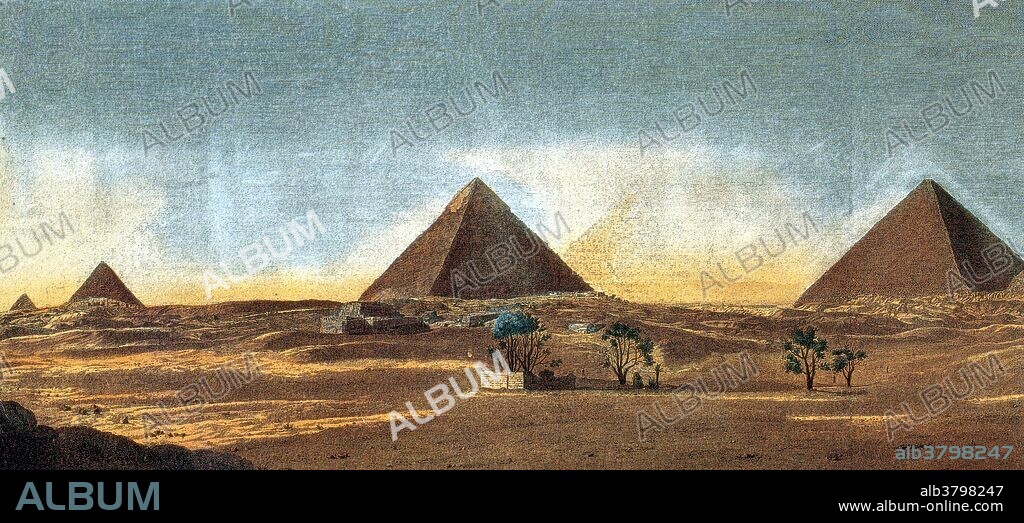 The Giza Necropolis (pyramids of Giza) is an archeological site on the Giza Plateau, on the outskirts of Cairo, Egypt. This complex of ancient monuments includes the three pyramid complexes known as the Great Pyramids, the massive sculpture known as the Great Sphinx, several cemeteries, a workers' village and an industrial complex. The pyramids, which have historically loomed large as emblems of ancient Egypt in the Western imagination, were popularized in Hellenistic times, when the Great Pyramid was listed by Antipater of Sidon as one of the Seven Wonders of the World. It is by far the oldest of the ancient Wonders and the only one still in existence. No artist credit or date given.