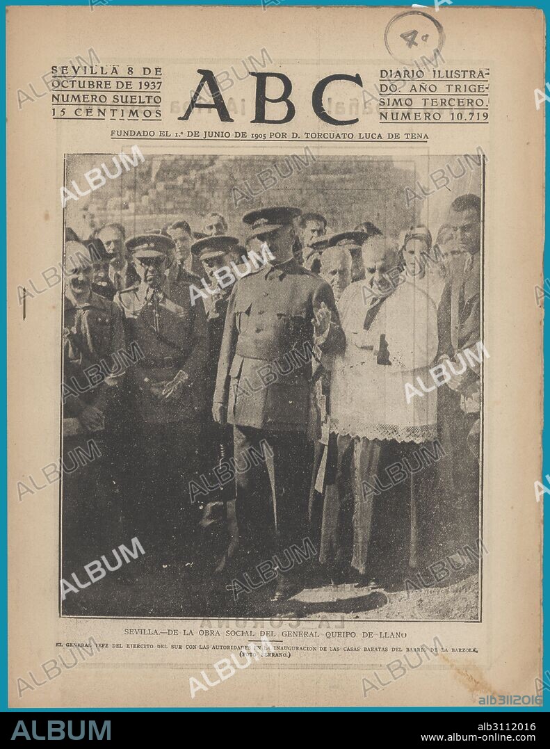 Portada del diario ilustrado ABC. Inauguracion de las casas baratas del barrio de la Barzona por el general Gonzalo Queipo de Llano. Sevilla, octubre de 1937. Guerra civil.