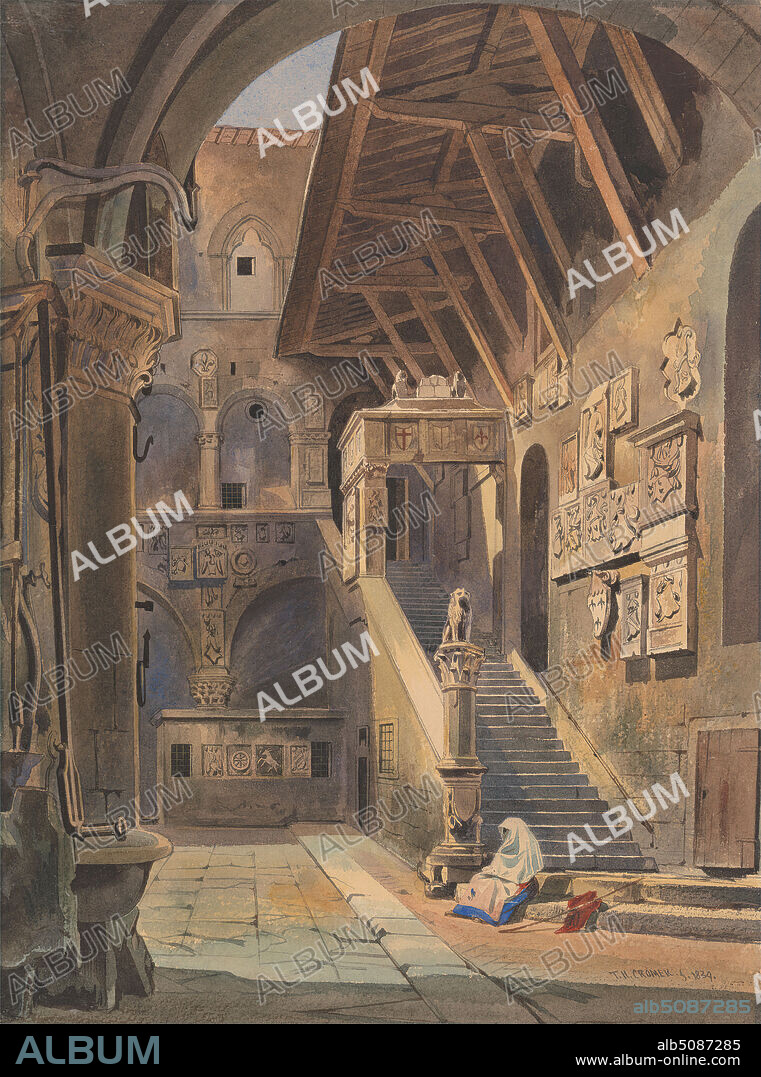Court of the Bargello, Florence, Thomas Hartley Cromek, 18091873, British, 1839, Watercolor, pen and brown ink, pen and black ink, and graphite on moderately thick, moderately textured, cream wove paper, Sheet: 12 5/16 x 9 1/8in. (31.3 x 23.2cm) and Sheet: 12 1/4 × 9 1/8 inches (31.1 × 23.2 cm), architectural subject, beggar, courtyard, palace, woman, Bargello Palace, Florence, Italy, Toscana.