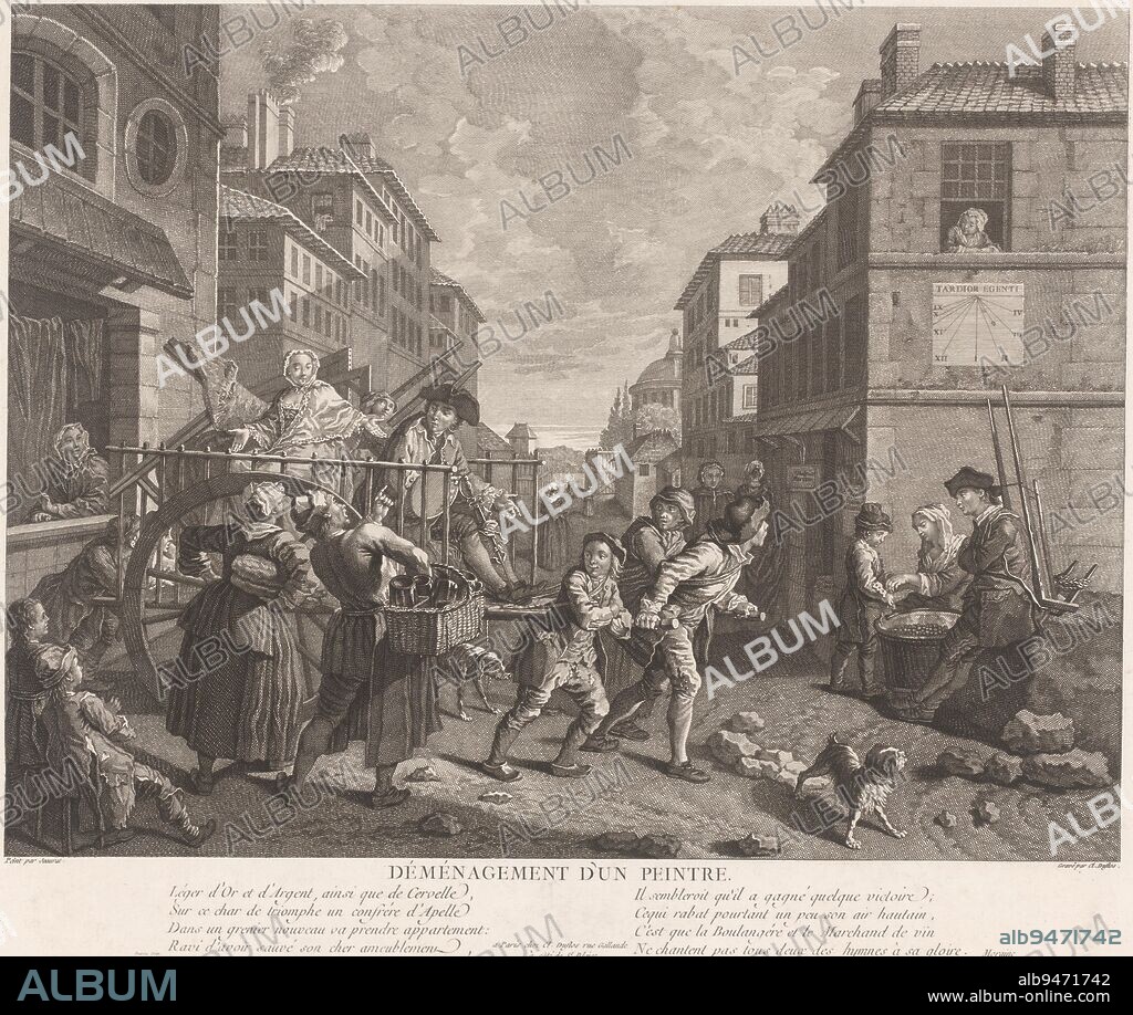 Relocation of a painter Déménagement d'un peintre., print maker: Claude Augustin Duflos, (mentioned on object), print maker: Baisiez, (mentioned on object), after: Etienne Jeaurat, (mentioned on object), print maker: France, publisher: Paris, 1757, paper, engraving, etching, h 352 mm × w 415 mm.