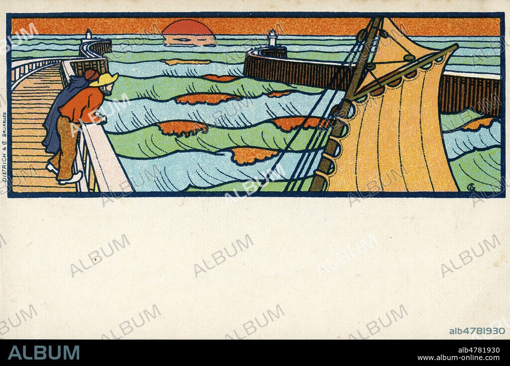 Sur une jetee, un marin observe la mer. Illustration par Gisbert COMBAZ (1869-1941) pour une carte postale vers 1898. Credit : Collection IM/KHARBINE-TAPABOR.