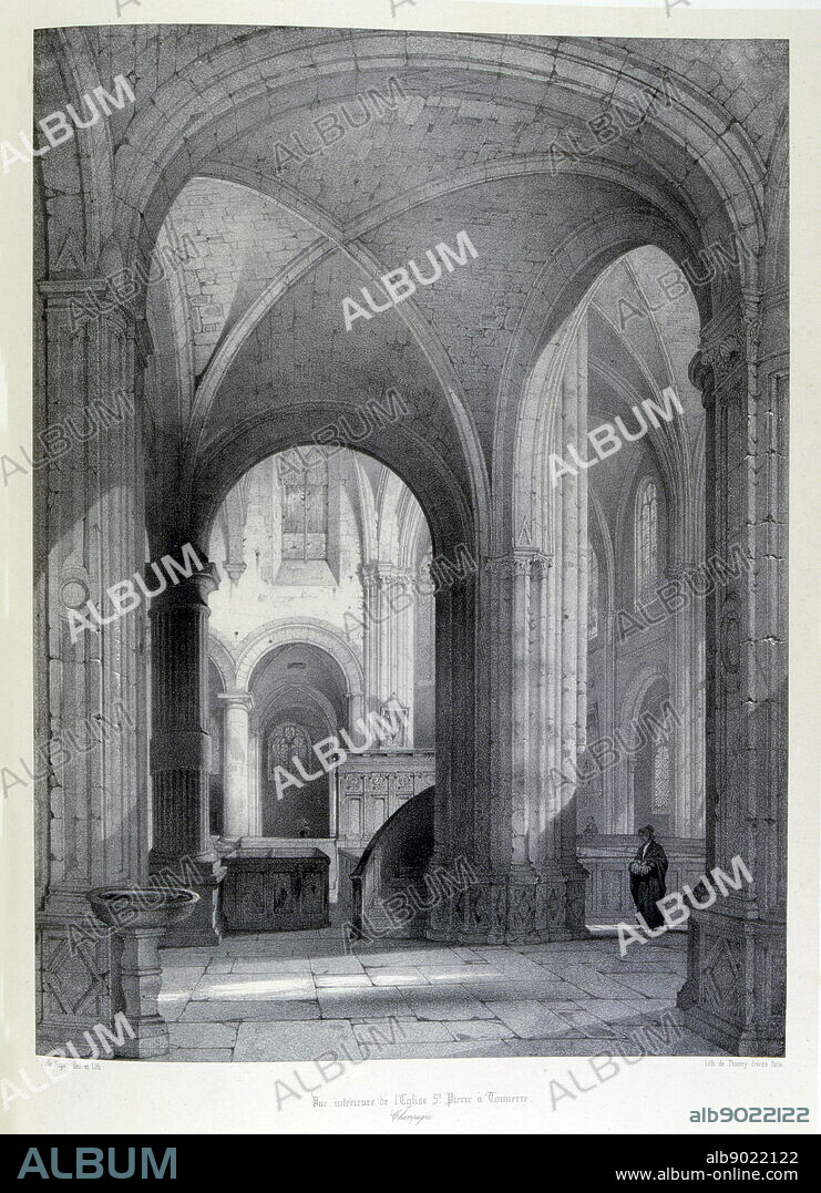 Church of St Pierre de Tonnerre; Drawing 1857. St. Peter's Church is a Catholic church located in Tonnerre, France, in the French department of Yonne, in the town of Tonnerre. Built from the ninth century, it has undergone many changes with its Baroque facade, it dominates the city and offers a beautiful panorama. It was almost destroyed in 1556 by a fire.