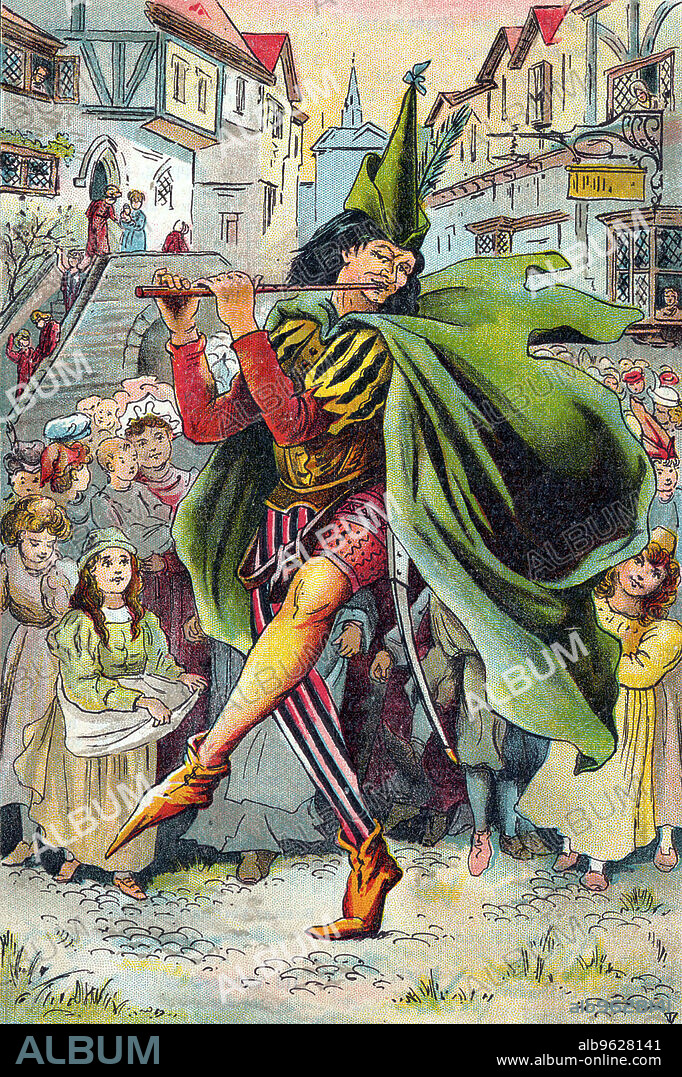 The Pied Piper leading away the children of Hamelin, c1899. Illustration from a children's book. The story of the Pied Piper is best known in the English-speaking world from Robert Browning's poem. The legend is that in 1284 the German town of Hamelin was infested with rats. When the piper was not paid for ridding the town of the vermin, he returned and this time when he played his pipe all the children came out and he led them away. Only two remained, one blind and one lame.