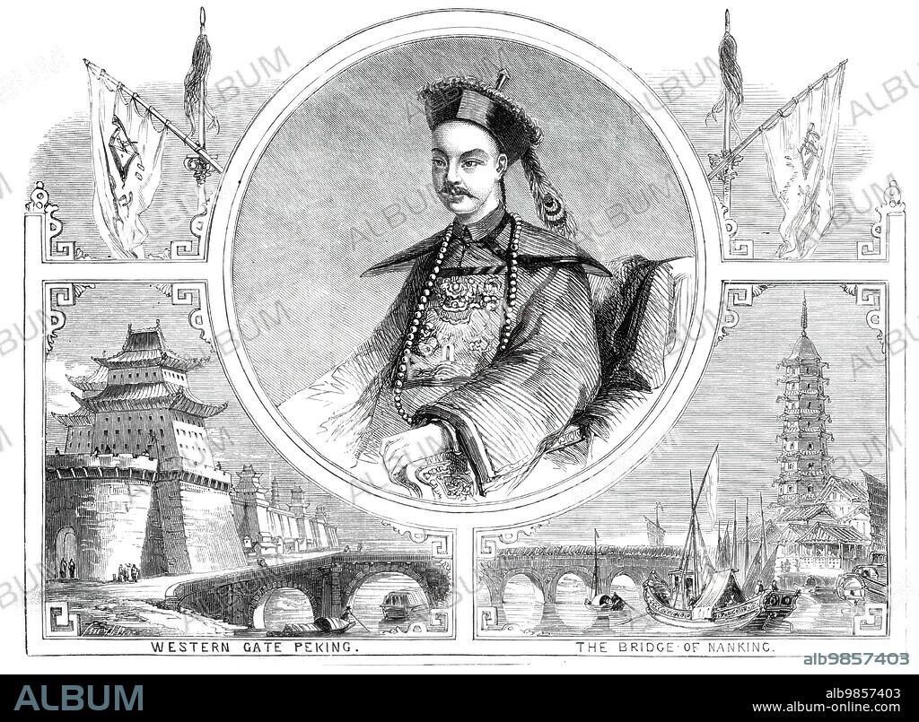 SMYTH. Hien-Fou, the Emperor of China, 1860. Portrait of Xianfeng Emperor, with views of '...Western Gate Peking; The Bridge of Nanking...His appearance is altogether commanding, and he devotes considerable attention to gymnastic exercises...His complexion is, perhaps, darker than that of his countrymen in general; and his noble forehead, thick arched eyebrows, and piercing eyes, give him an appearance of great distinction, which is by no means diminished by the unusual thinness of his lips, although the square and high cheekbone at once mark the descendant of the pure Tartar race...Completely violating the conservatism of the Chinese notions, of female beauty (always supposed to consist in feet small to deformity and long, slender waists), Hien-Fou formed a matrimonial alliance with the daughter of a Mongol chief - a lady remarkable alike for her physical accomplishments and the unchecked development of the means of locomotion. The Court soon became composed of women of the same race, who have entirely superseded those poor crippled beauties who formerly held sway there, and now have to retire with jealousy before a band of robust Amazons, whose amusements of riding, hunting, shooting, and even footraces, are shared by the Emperor himself'. From "Illustrated London News", 1860.