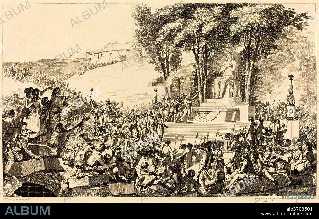 ANTOINE-JEAN DUCLOS AFTER CHARLES MONNET. La Fontaine de la Regeneration sur les debris de la Bastille, le 10 avril 1793. Dated: probably 1794. Dimensions: plate: 33.6 x 46 cm (13 1/4 x 18 1/8 in.)  sheet: 36.5 x 51.5 cm (14 3/8 x 20 1/4 in.). Medium: etching on laid paper.