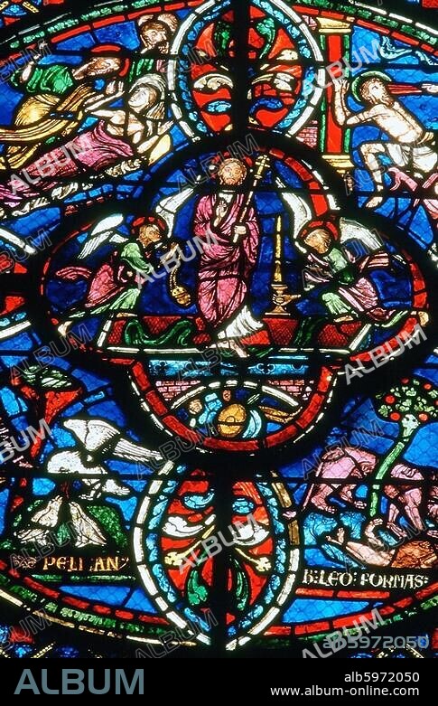 Bourges (Dép.Cher, Frankreich), Kathedrale / Cathédrale Saint-Étienne, Scheitelkapelle des Chorumgangs.-Auferstehung Christi.-Ausschnitt aus dem Fenster des Neuen Bundes (Verrière de la Nouvelle Alliance).-Glasmalerei, französisch, 13. Jahrhundert.